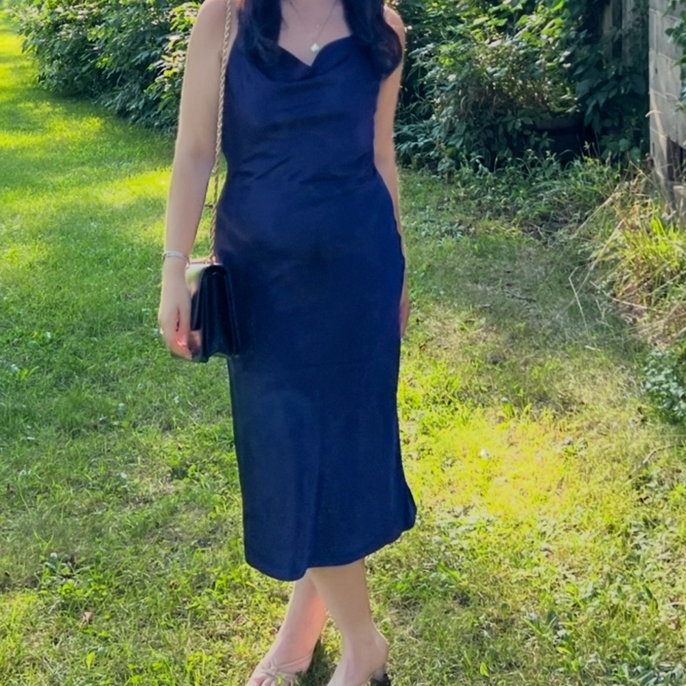 Elegant Navy Blue Satin Dress - Picture 2 of 5